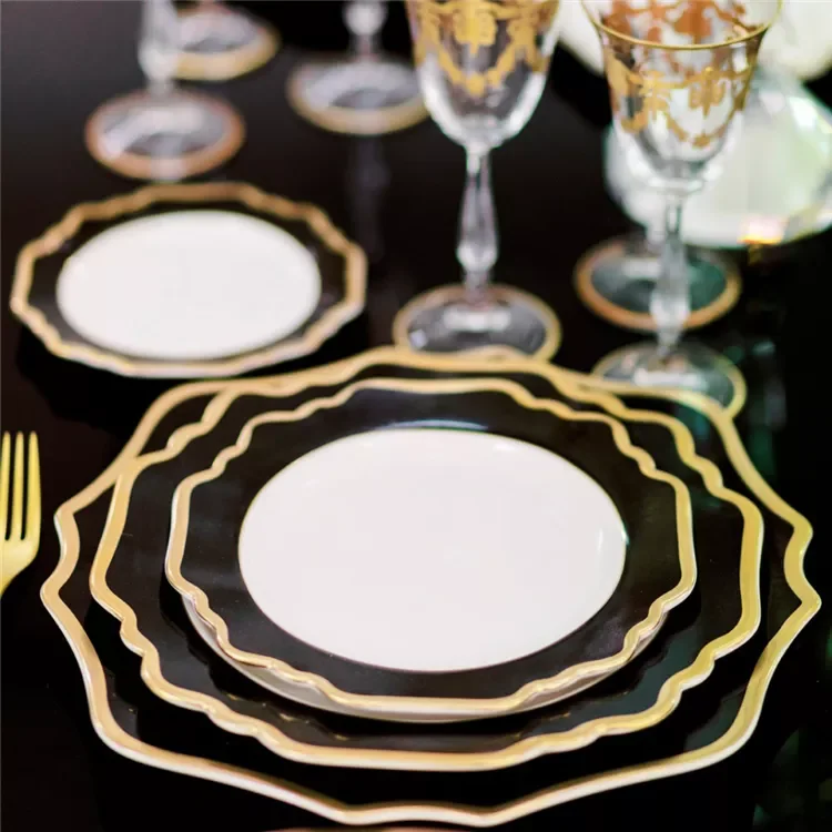New arrival luxury gold dinner plates irregular dinnerware wedding black ceramic charger  plates with gold rim