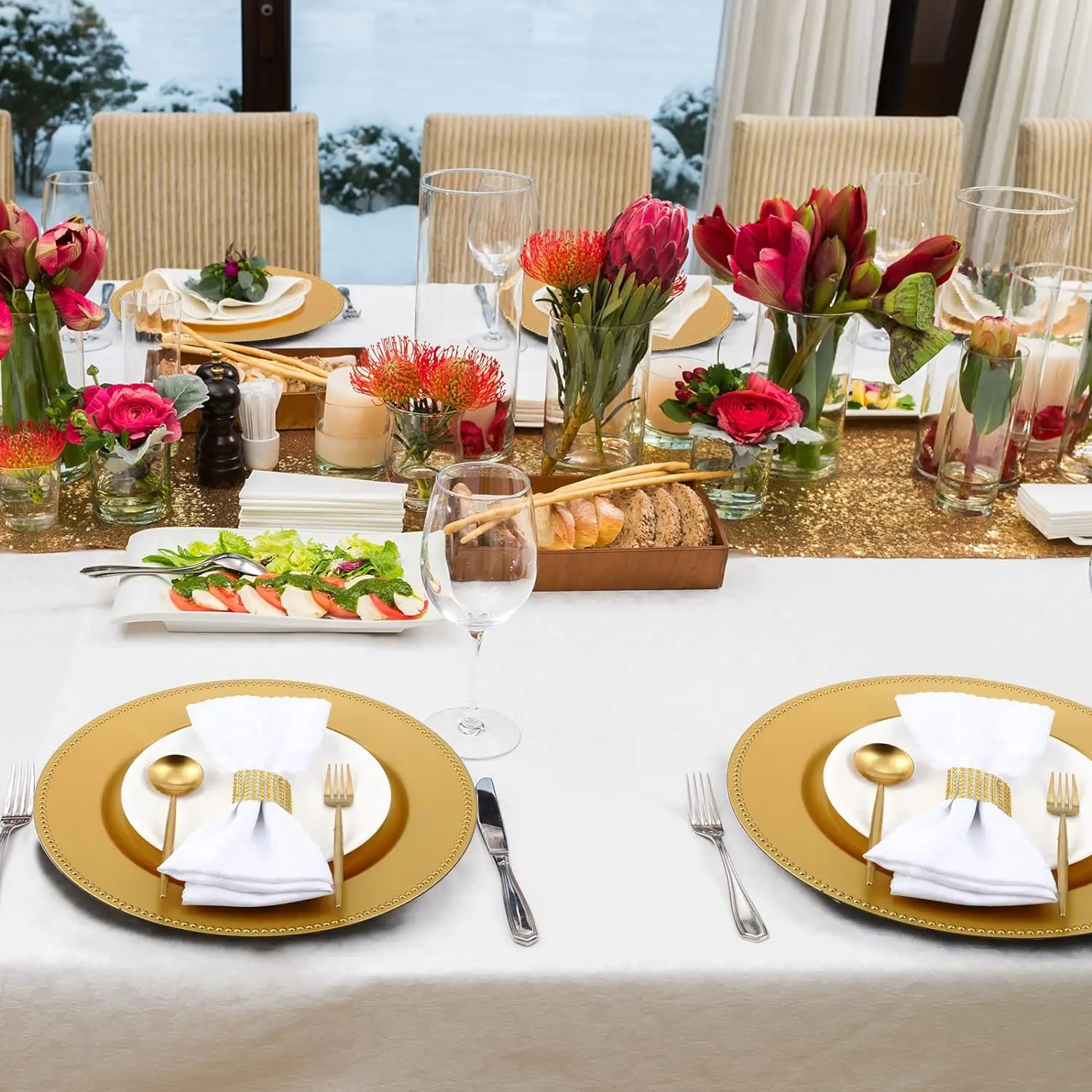 Reusable  Gold Plastic Beaded Charger Plates 13 Inch Round Wedding Party Decorative  Charger Plates