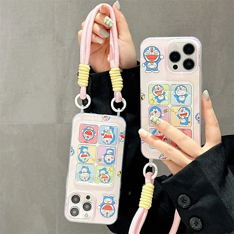 UV Printing Cartoon Cute Doraemon Phone Cases For iPhone 11 12 13 14 15 16 Pro Max Phone Covers With Card Holder Lanyard Custom