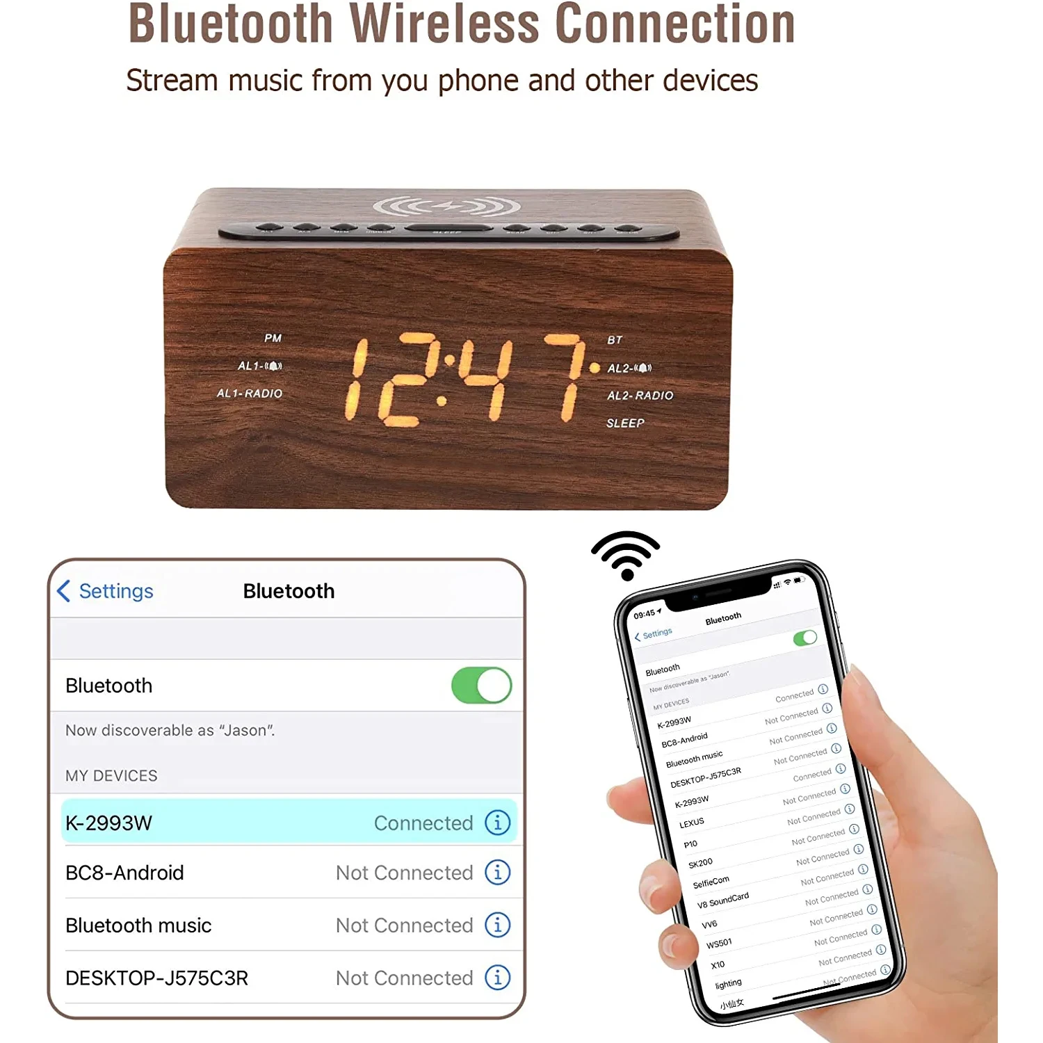 Manufacturers wholesale  LED display  wood grain Fast Wireless alarm clock Sleep Timer Digital USB port FM radio