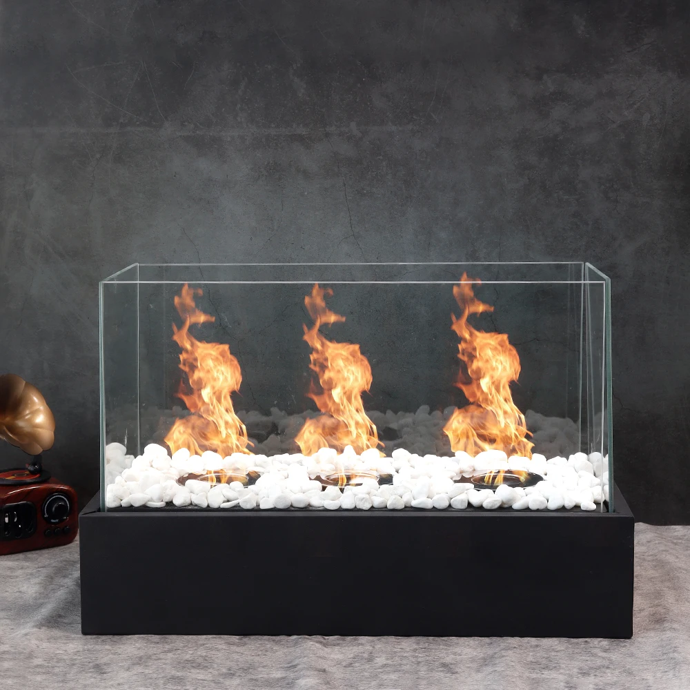 Outside Table Bioethanol Fireplace Large Metal Three Burners Fire Pit Indoor Square Glass Fireplace For Home Decor