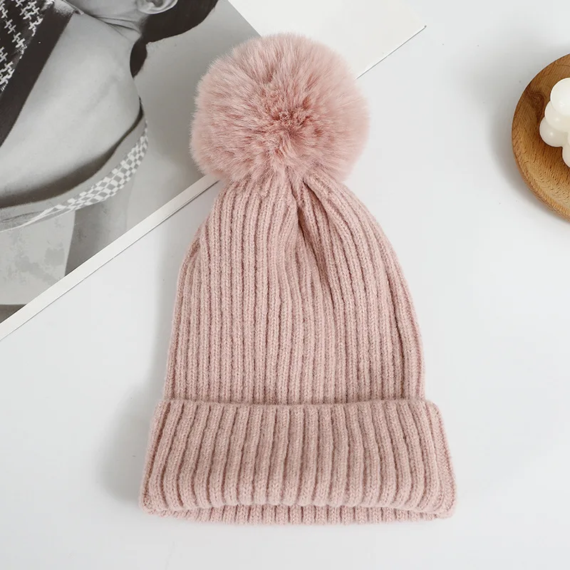 Autumn and winter double knitted running skiing knit cap Warm simple fashion solid color versatile wool beanie with Pom Pom