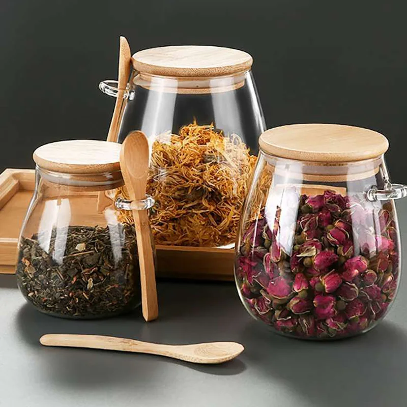 Wholesale Large capacity High borosilicate Airtight Glass Jar Spice Jar Kitchen storage  Glass Jar With Bamboo lid  And Spoon