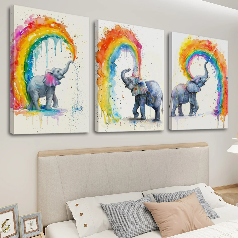 Modern Home Decor 3-Piece Watercolor Elephants Rainbows Canvas Wall Art Animal Oil Painting Poster Print Picture for Living Room