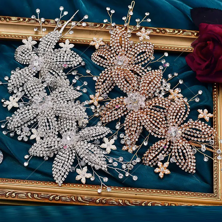 Elegant 3D Wire Handmade Crystal Star Beaded Flower Rhinestone Applique For Rhinestone Hair Accessories WHD-089