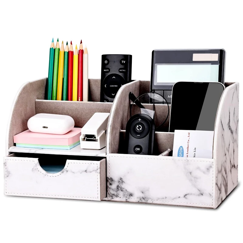 Custom Pu Leather Desk Organizer Pen Pencil Holder Office Supplies Caddy Storage Box 6 Compartments with Drawer Gray Marble