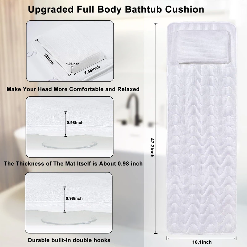 SUREWALHOME Full Body Bath Mattress Bathtub Mat with Pillow  Bathtub Cushion with Non Slip Suction Cups Ergonomic Bath Pillow