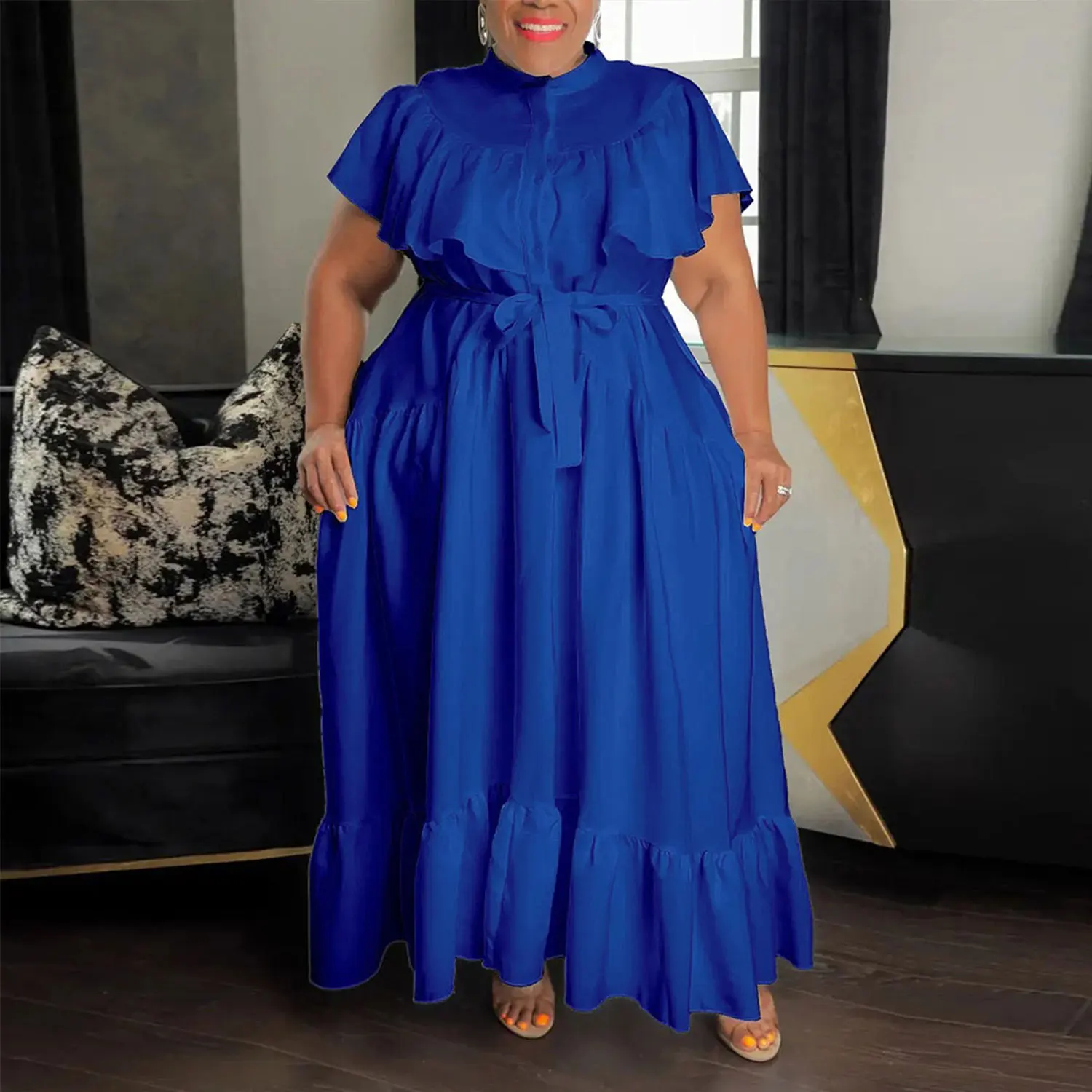 Plus Size Dress Sexy Buttons Sash Ruffles Short Sleeves Solid Women Casual Dresses A Line Party