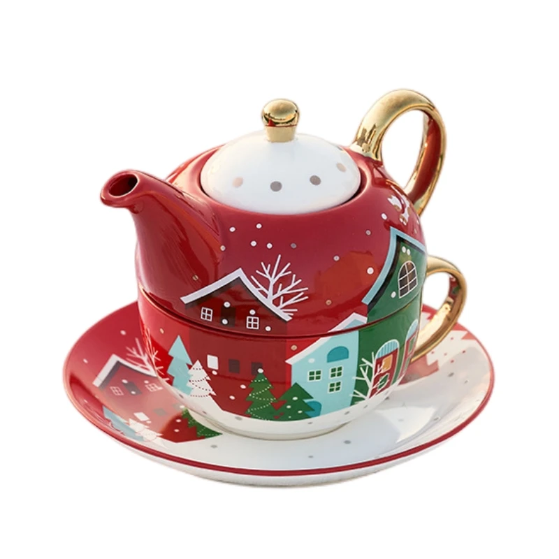 Ceramic Cup Saucer Pot Spoon Set Amazon Hot Selling Feature Gold-plated Tea Set Christmas Gift