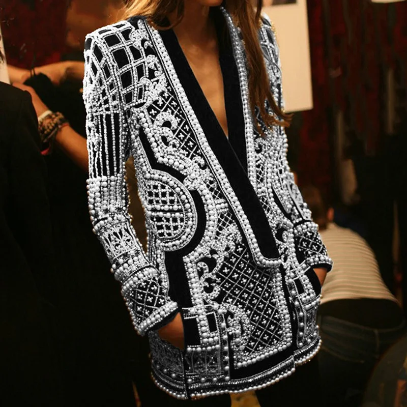20234 New fashion pearls embroidery jacket customized street jacket wear rhinestone women jacket