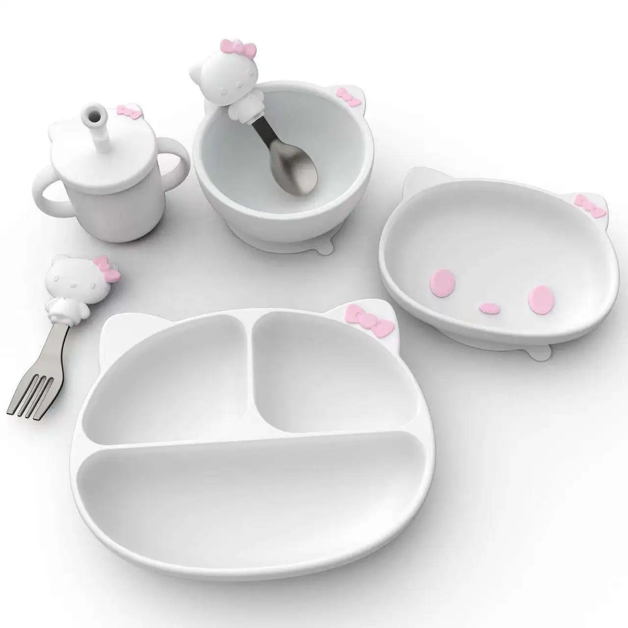 Wholesale BPA free Baby Safe Silicone Dining Plate Solid Cute Cartoon Children Dishes Smile Face Baby Tableware Set Retro