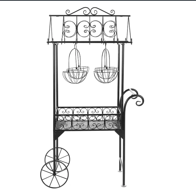Freestanding swirling decorative floor plant shelves, rustic trolley-style hanging flower baskets decorative/personalized shelve