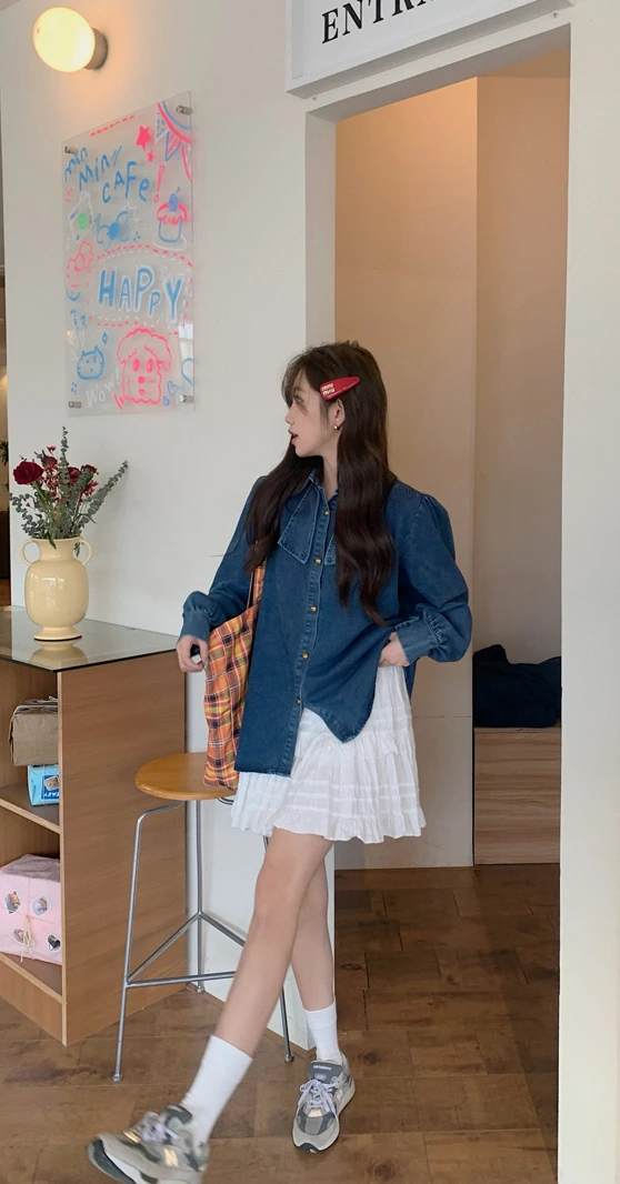 Autumn Winter Denim Women Shirts Bows Sweet Solid Korean Fashion Basics Blouses Elegant Casual Loose Blouse Mujer
