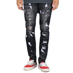 New Men Slim fit Slim pencil pants High elasticity Biker jeans Hole Cat claw destroyed Spray paint Leisure trousers