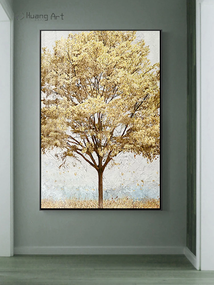 Hand Painted Golden Tree Oil Painting on Canvas Modern Abstract Rich Tree Painting for Living Room Decor Foil Gold Picture
