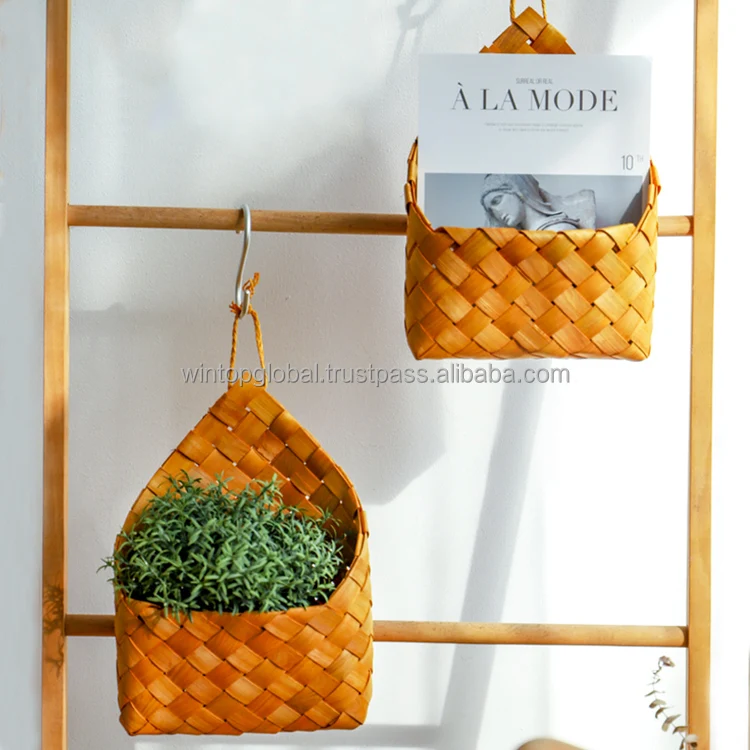 Portable Woven Wood Plain Bushel Baskets Handmade Decorative Wood Chip Hanging Flower Basket