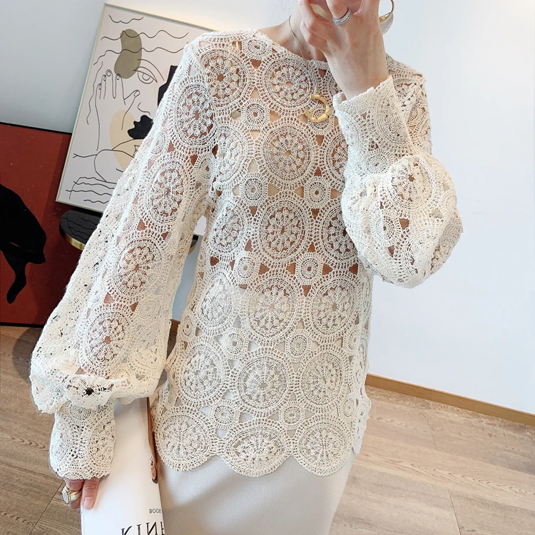
Palace Lantern Sleeve Summer Spring Female Embroidery Flower Woven Hollow Out Lace Top Sweater Dress 