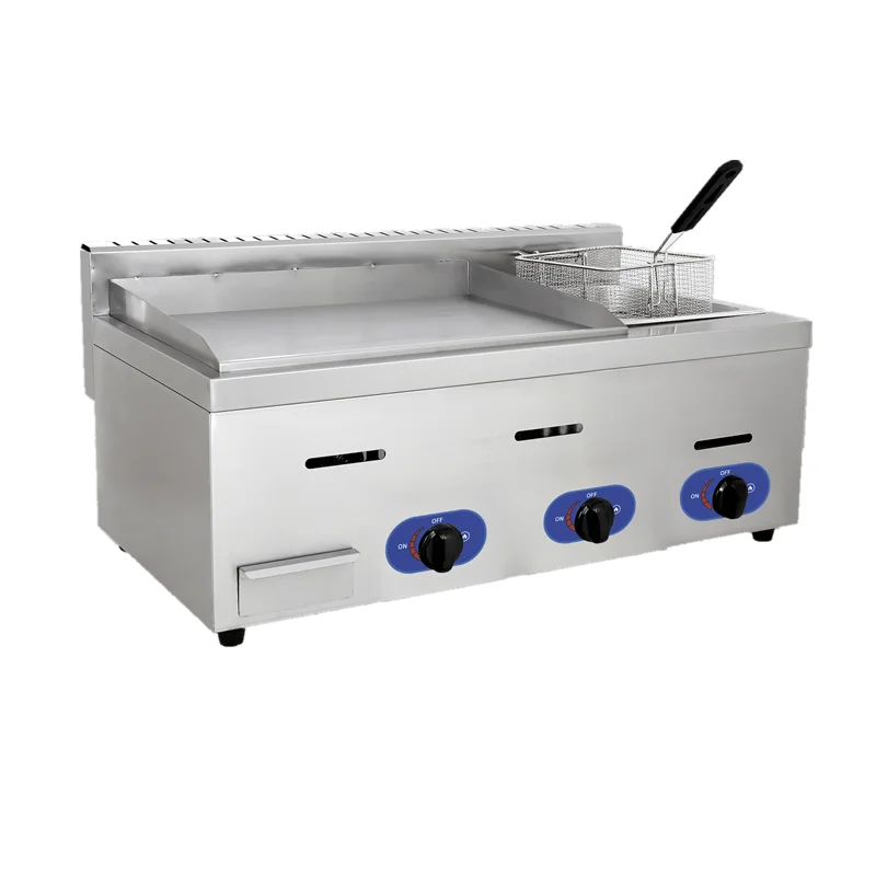 Combined commercial use gas griddle and deep fryer machine