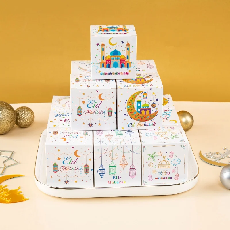 2023 White Eid Mubarak Paper Candy Sweet Chocolate Gift Packaging Box for Eid Ramadan Party Decoration Gift Box