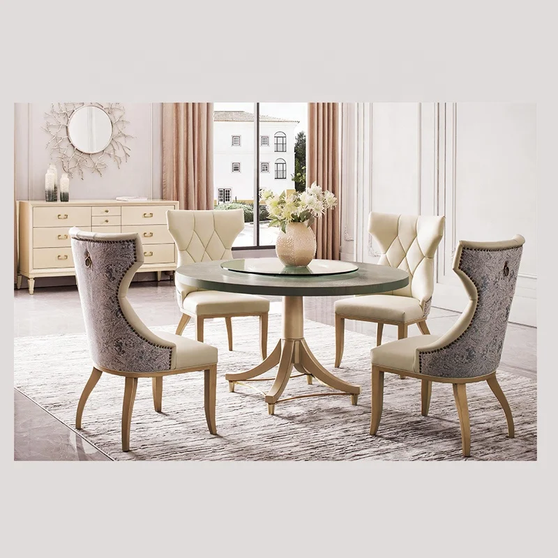 luxury traditional style Dining Sets classic french Furniture solid wood round dining table with 6 chairs dining set