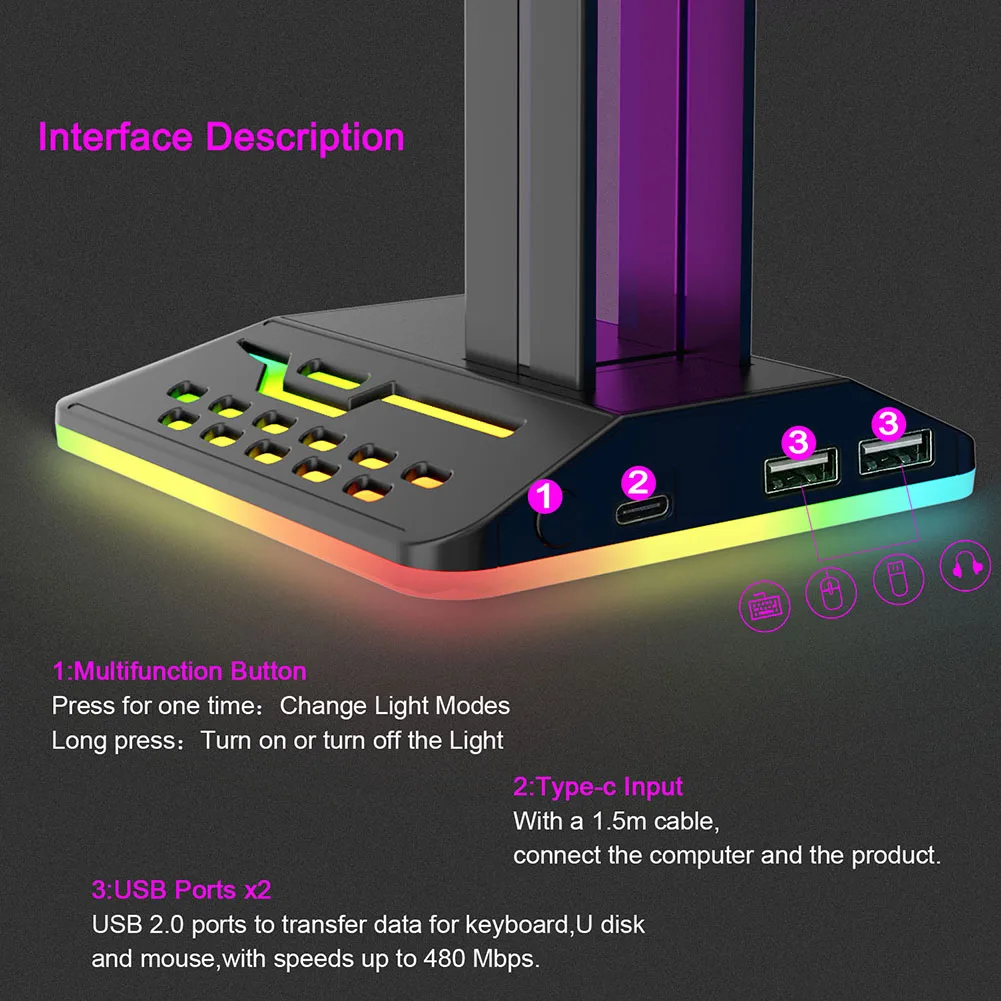 Подставка для Игровых Наушников RGB с двумя портами USB Type-C и