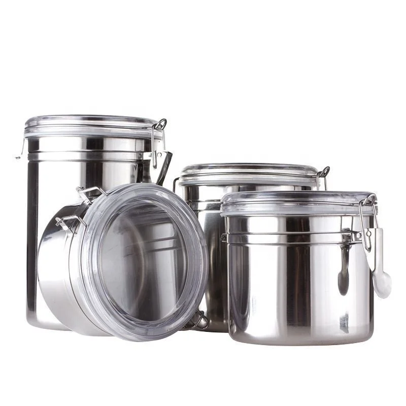 410 Stainless Steel Household kitchen Food Container Set seal pot with lock clip top lids