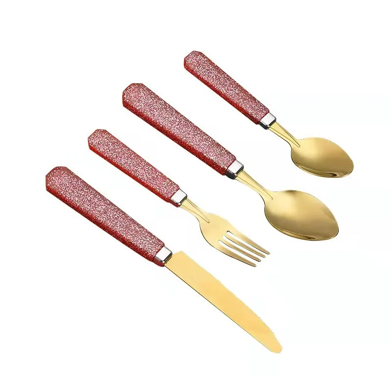 Luxury Custom Logo Plastic Handle Stainless Steel Reusable Cutlery Sets Spoon Knife Fork Set For Camping Dinnerware