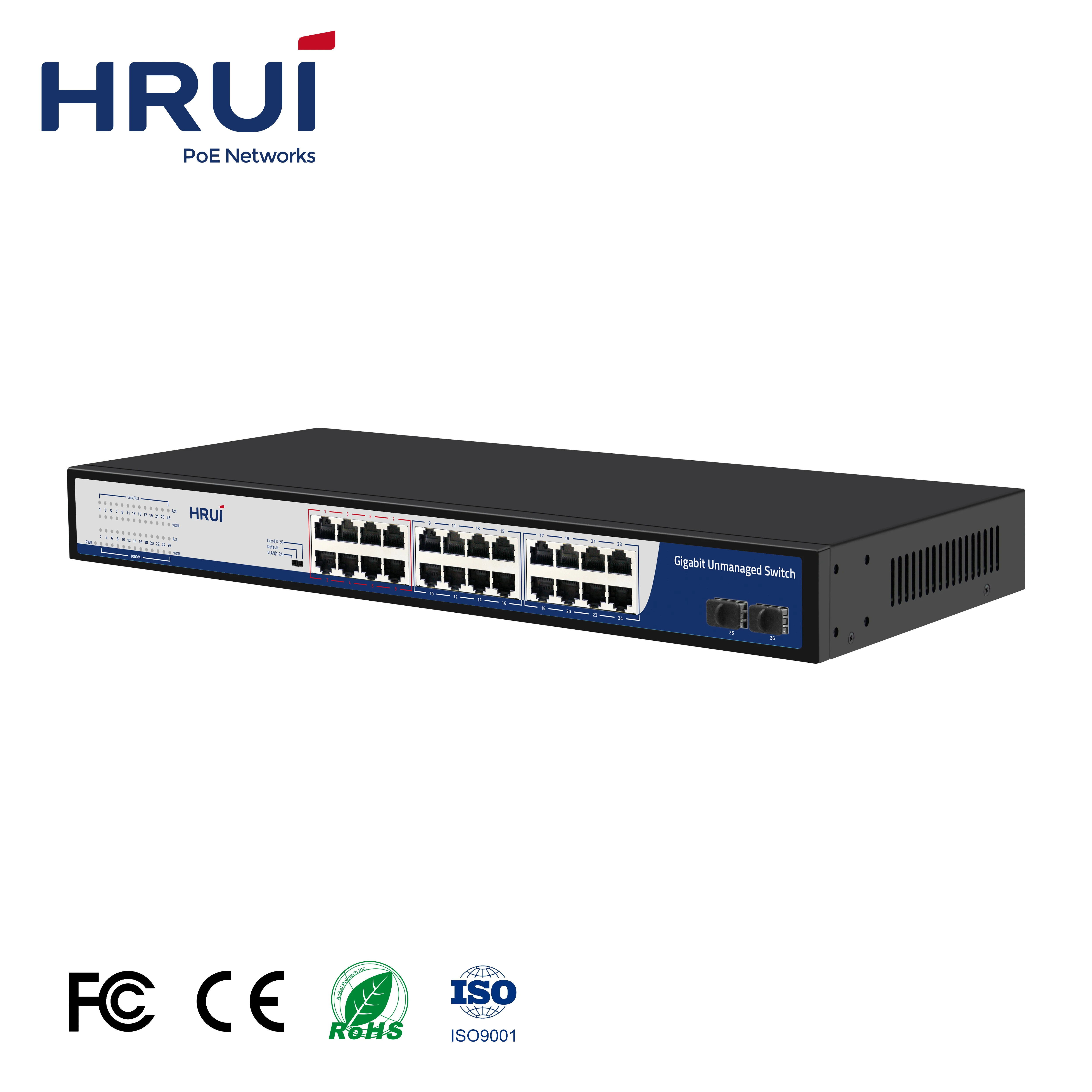 Интеллектуальный коммутатор HRUI Ethernet 52 Гбит/с Поддержка VLAN по умолчанию расширение 26 портов гигабитный 2 порта Uplink SFP