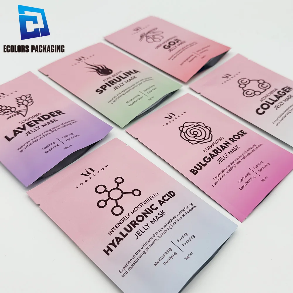 manufacturing cosmetic custom printed private label vegan skin care packaging sachet plastique facial mask 3 side seal bags