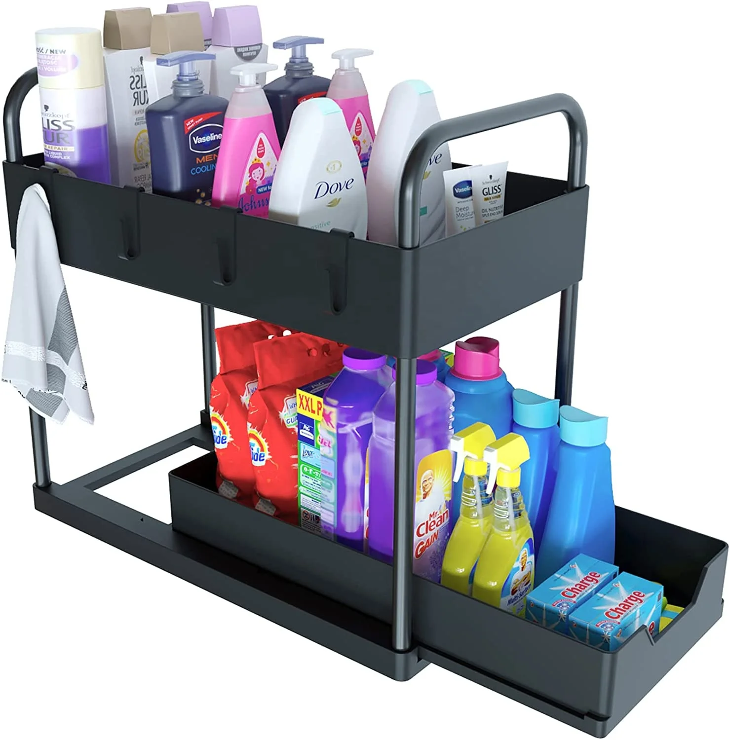 Sliding Drawer Bathroom Kitchen Sink Organizer with 4 Hooks 2 Handles, Multi-purpose Under Cabinet Shelf, Bath Collection Basket