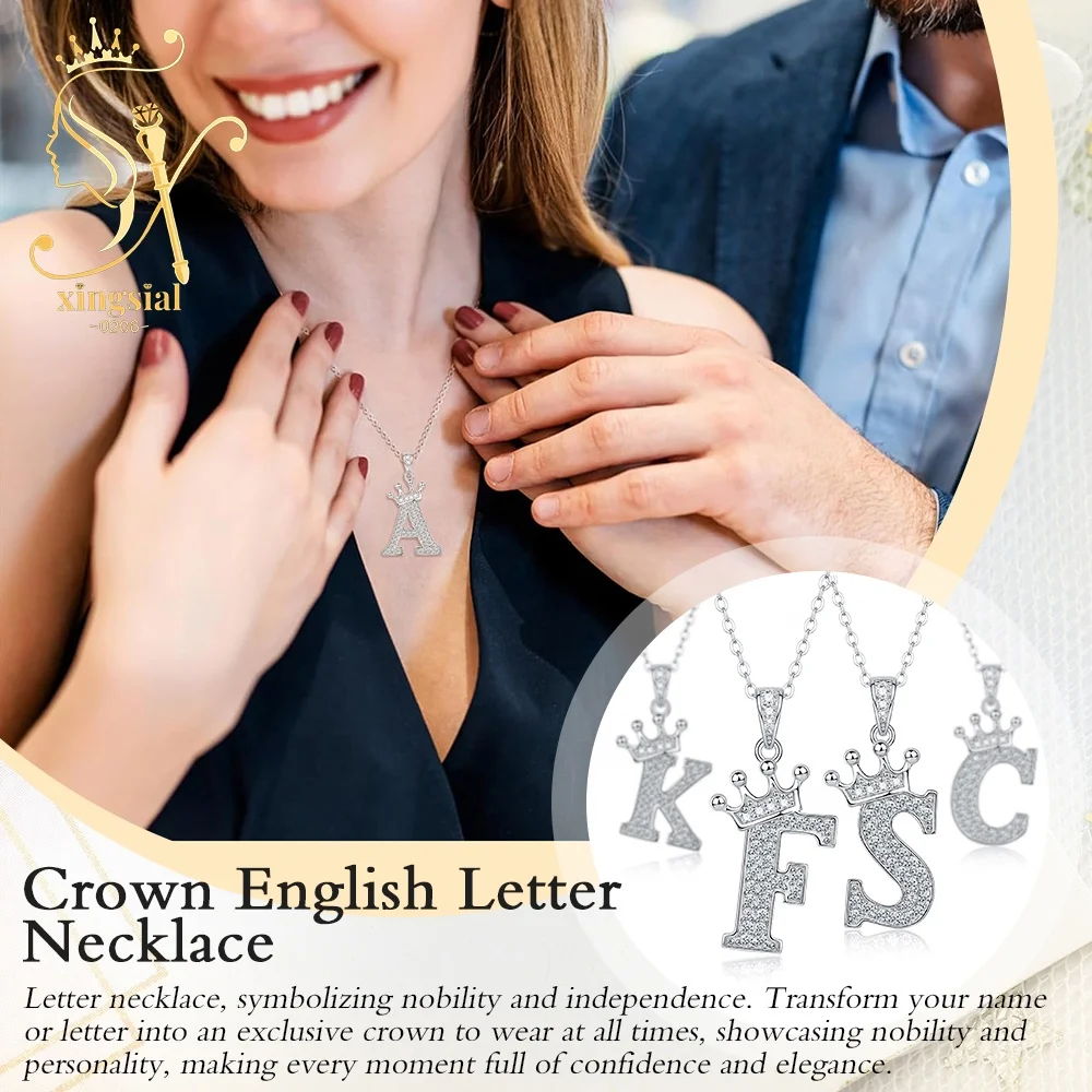 Trendy Women Jewelry Gift GRA 925 Silver 18K Gold Plated Simulated Diamond Crown A-Z Initial Pendant Moissanite Letter Necklace