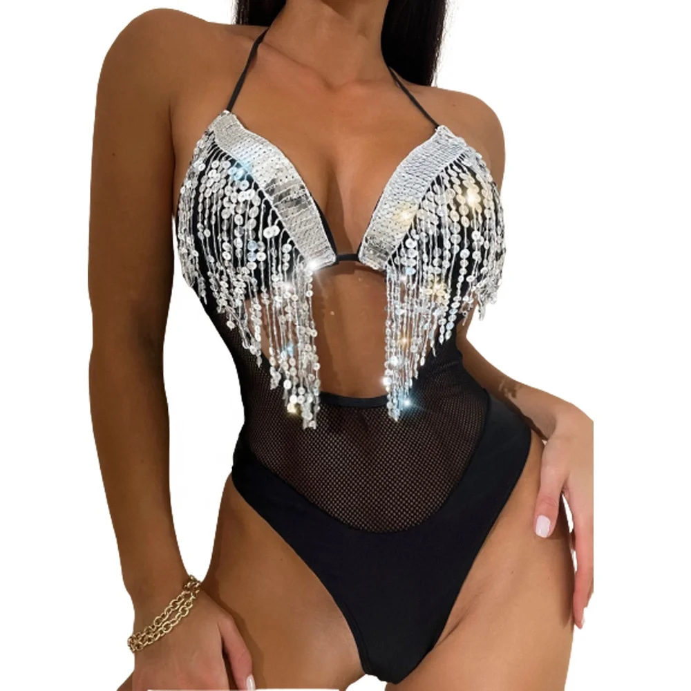 Wholesale Modest Swimwear Tassels Bathing Suits  One Piece Luxury Bikinis Sexy Shiny Swimsuit for Women