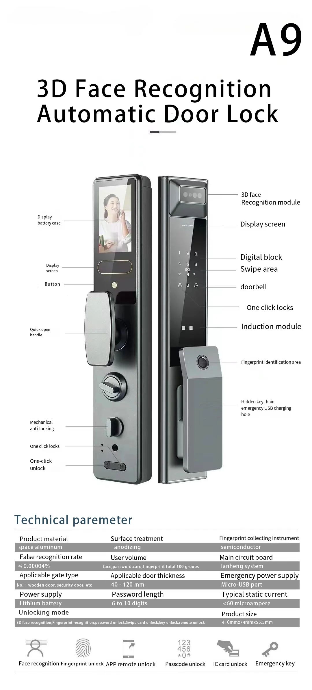 Wholesale Price High End 3D Face Recognition Smart Door Lock Video Voice with Camera and Eye Scanner For Entry Door