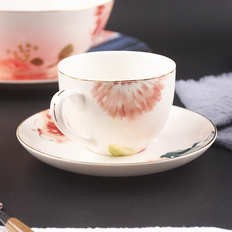 New Bone China Dinnerware Set Europe Style Cup and Saucer with Gold Rim In-glaze design for Coffee or Tea for Home or Horeca Use