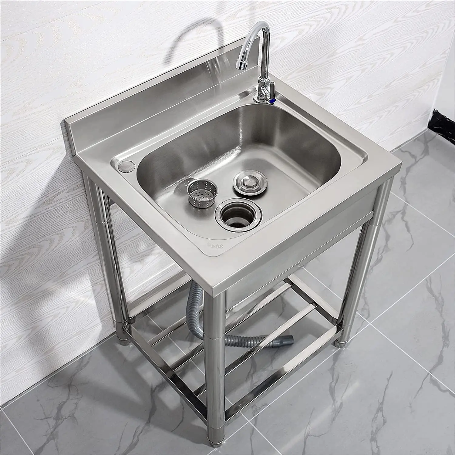 Free Standing Stainless-Steel Single Bowl Restaurant Kitchen Sink Set w/Faucet Drainboard Hand Basin w/Workbench Storage Shelves