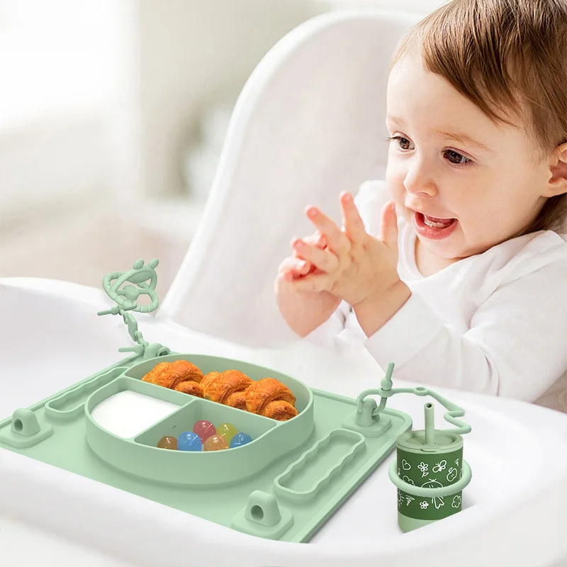 Baby Silicone Plate Placemat With Suction Cups 4 Toy Tethers for Babies Toddler Kid Bowl Food Grade Silicone Dishwasher Safe Mat