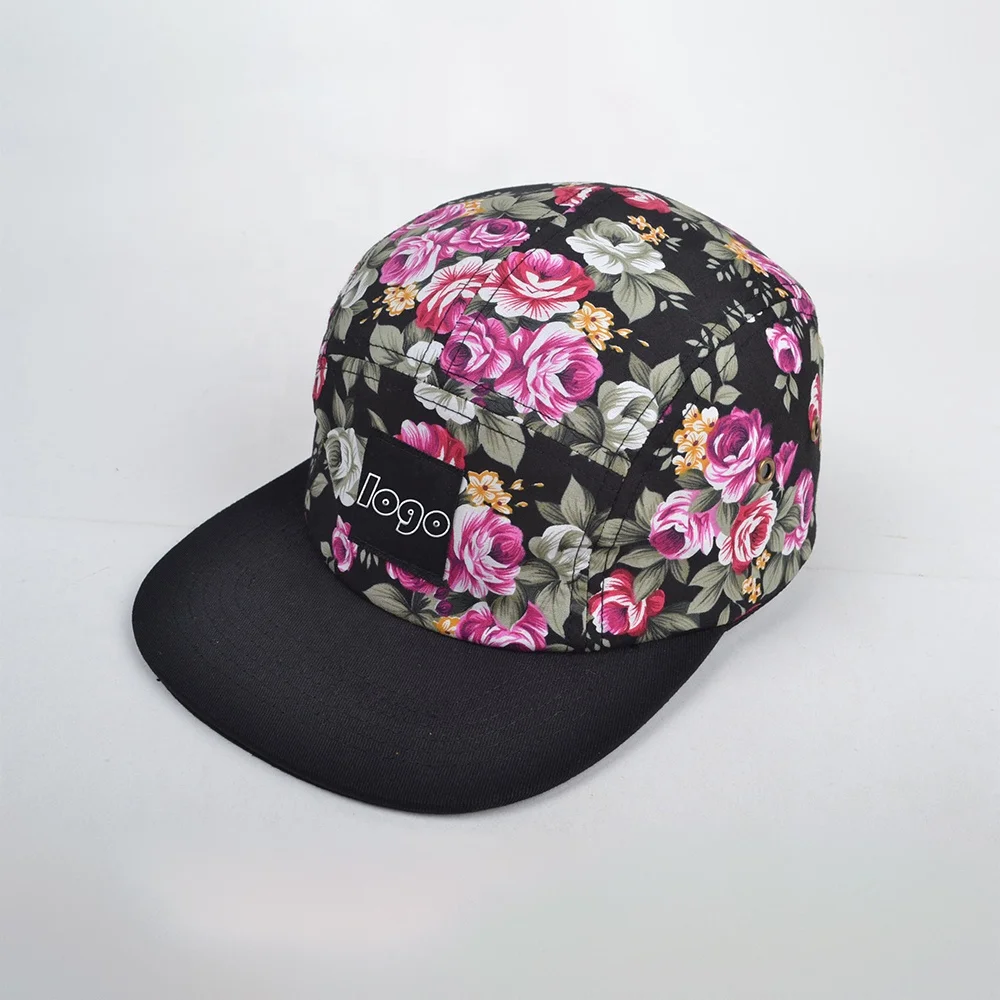summer custom embroidery snapback cap  all over printed logo five panel camp cap 5 panel hat