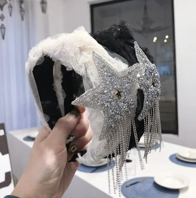South Korea small wind star fringe wide edge hair hoop INS fashion lace mesh headband