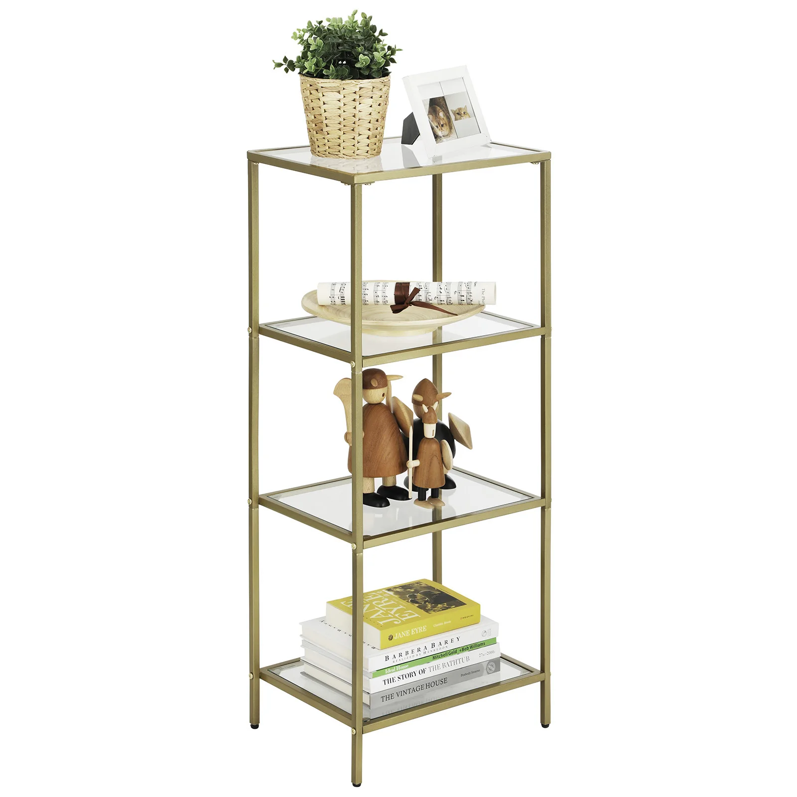 Modern Space saving sofa side 4 tier corner shelf storage gold metal glass storage rack