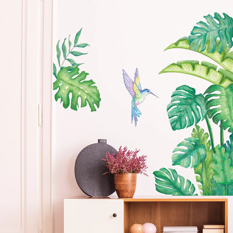Painted tropical green plant leaves hummingbird bedroom living room home wall decoration wall stickers self-adhesive