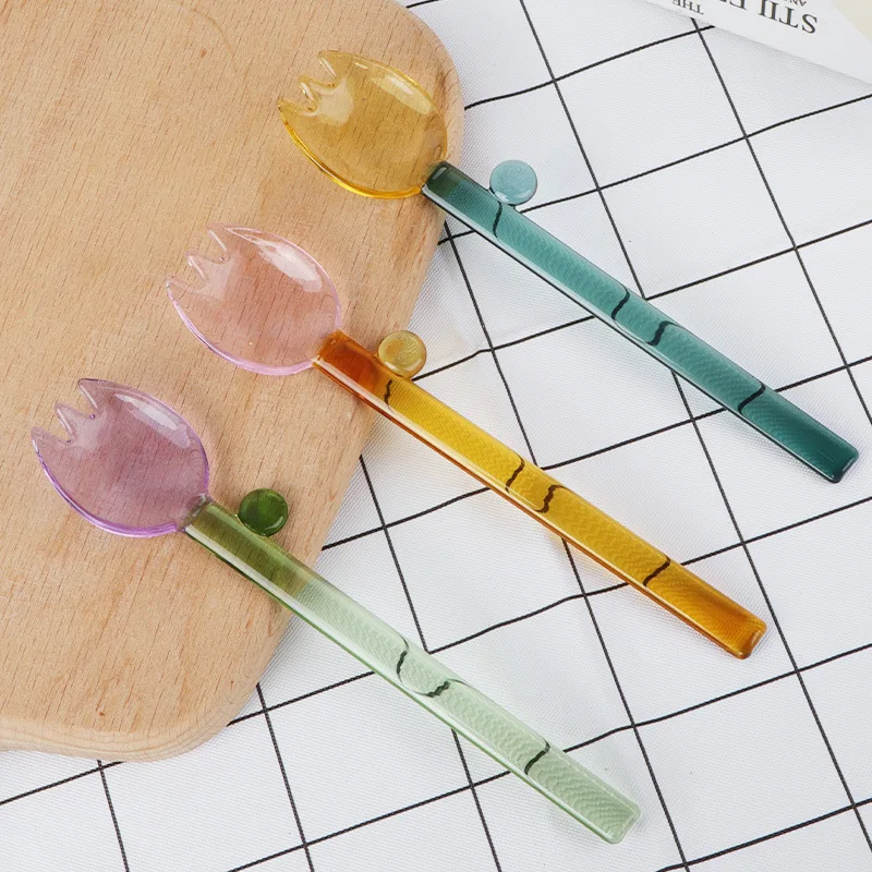 Custom Colorful Borosilicate glass spoon Yogurt Green Pink Reusable ice cream spoon long handle stirring coffee spoon dessert