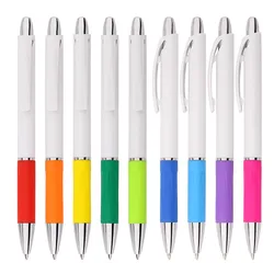 Simple design school stationery supplies logo printing solid white blank plastic ball pen with colorful rubber grip