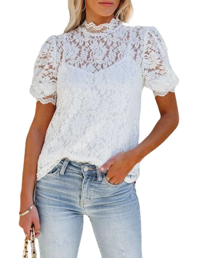 2024 Summer Women Blouses Casual Round Neck Basic Pleated Puff Sleeve lace Shirt Fashion Solid color  White Tops
