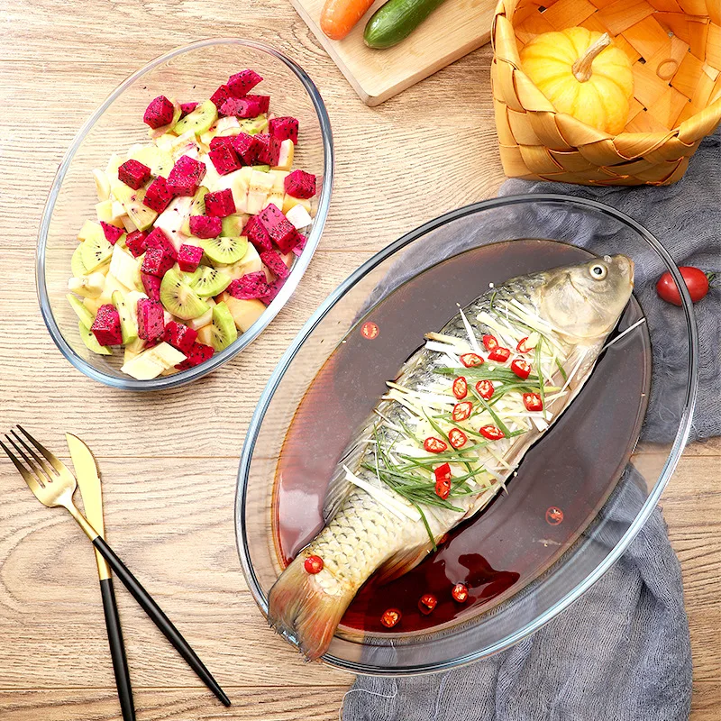 Glass fish plate household steamed fish plate microwave oven oven available high temperature round baking dish large capacity sa