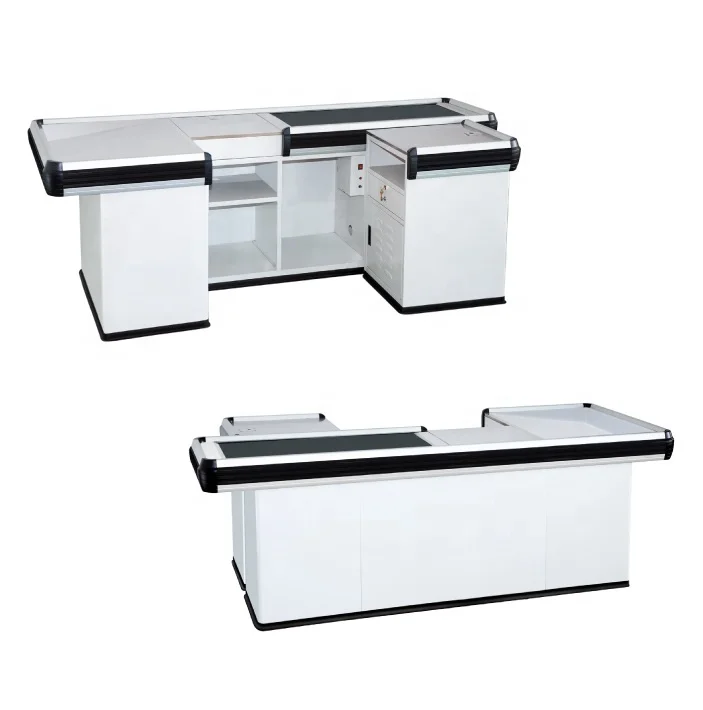 Supermarket Design Retail Cash Register Table Checkout Counter Cashier Desk With Conveyor Belt For Sale