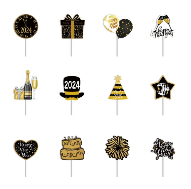 Gold Black Happy New Year hat Hello 2025 firework gift design Cupcake Toppers Cake toppers for Cheer New Year Eve Party supplies