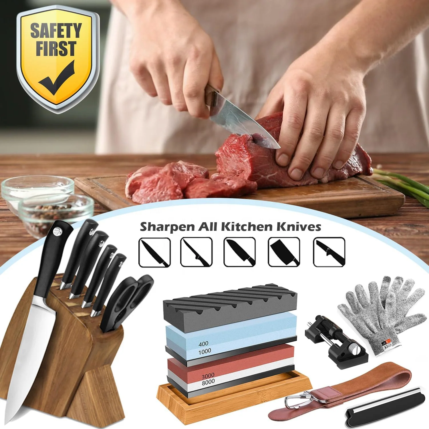 TOALLWIN 400/1000/3000/8000 kitchen knife sharpener knife sharpening stone kit whetstone knife sharpener set with bamboo base