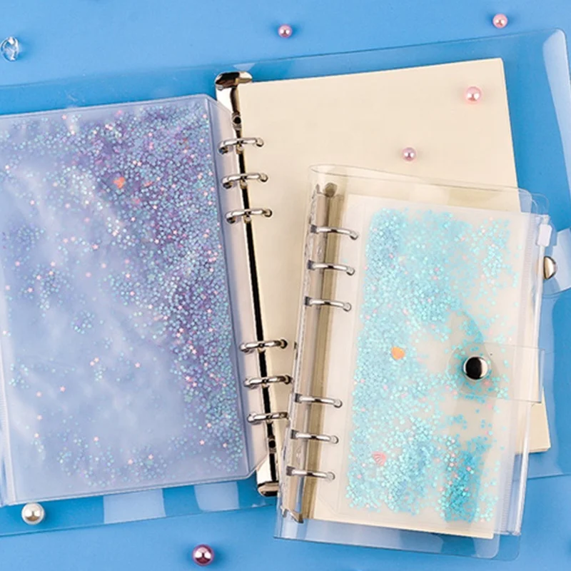 Binder pvc pockets glitter holes zipper folders a6 size notebook binder loose leaf bags waterproof pouch document filing