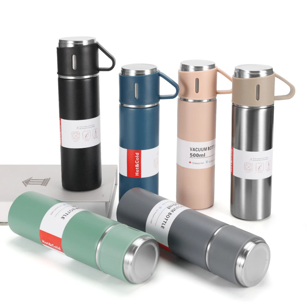 Business gift Stainless Steel Vacuum Flask Thermos Mug Gift Set with 3 lid cup