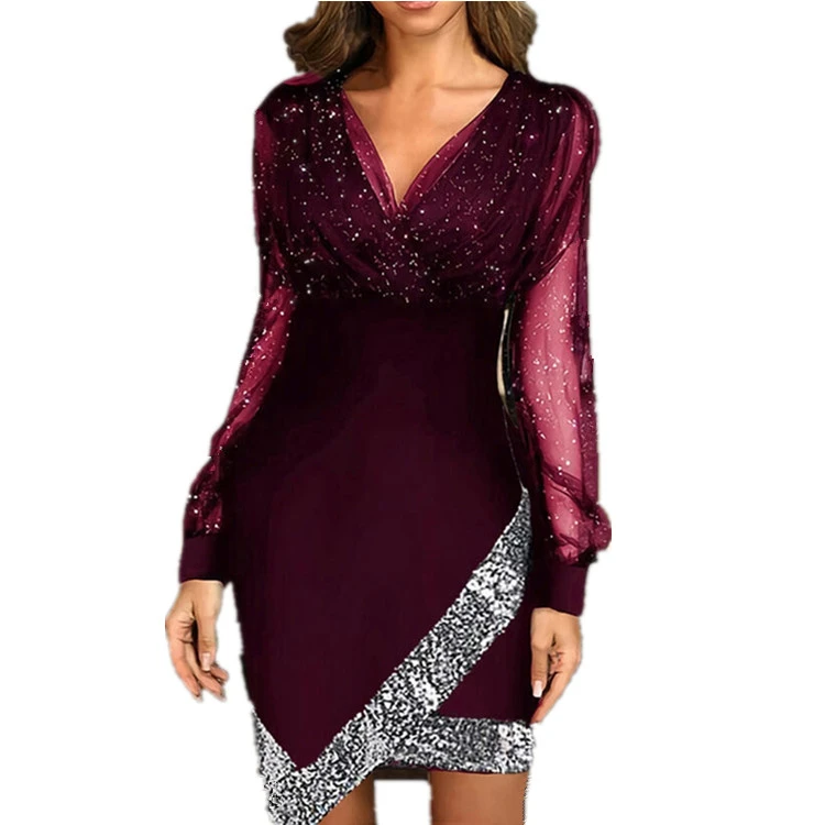 Women casual dresses Formal  sexy black dress  Sequin V-Neck Irregular Party fall dress